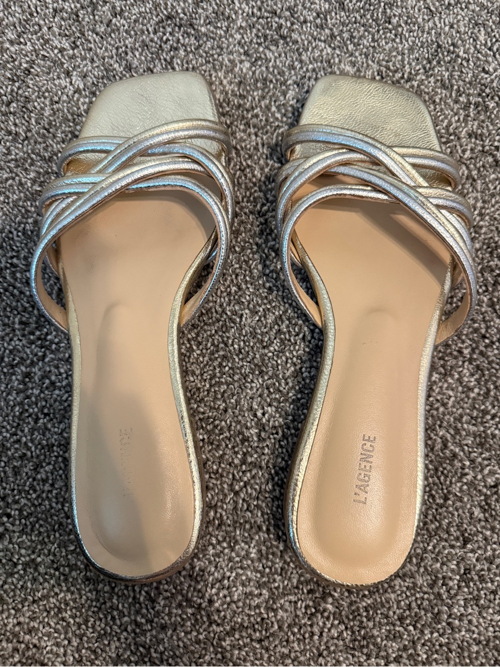 L'AGENCE Metallic Gold Multi-Strap Slide Mules